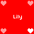 Red background with repeating pink and white heart icons surrounding the text 'Lily' in pixelated font.
