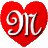 Nine red heart-shaped icons with white stylized 'M' text on a gray background, arranged in a