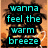 Pixelated beach scene with palm trees and ocean waves, overlaid with cyan text reading 'wanna feel the warm breeze', 'sleepin under palm trees', 'sand in my flip flops', 'surfin over wave tops' across six