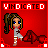 Pixel art animation of a girl kicking a pile of red objects on a red background with "VINDICATED" text at the top.