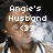 Pixelated image of a person with closed eyes and mouth open, overlaid with white text reading "Angie's Husband" and a heart symbol.