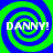 Four identical spiral patterns in blue and green with the text DANNY! overlaid in white pixelated font on each spiral.
