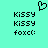 Pixelated icon with cyan background, black text 'Kissy' repeated three times and 'foxc:' once per side, plus a pixel heart above center.