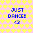 Pixelated icon with pink background and yellow heart pattern, displaying blue text "JUST DANCE!!" and blue heart symbol <3 in four identical quadrants.