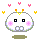 A 4-frame animated contact sheet of a pixelated white skull character with pink cheeks, orange/yellow antennae, and heart-shaped eyes in two states: neutral face with square eyes and smiling mouth, versus heart eyes with closed mouth.