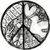 Black-and-white pixelated circular icon with a peace symbol dividing the circle into three segments, each containing abstract grayscale patterns.