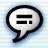 Static pixelated chat bubble icon with black outline and internal text blocks on light blue striped background.