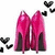 A pair of pink high-heeled shoes with black accents and a white vertical stripe, surrounded by floating black hearts on a white background.