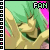 Pixelated anime character with green hair and closed eyes, wearing a beige outfit against pink background with 'FAN' text above.