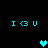 Pixelated cyan text and heart symbols on black background, with heart symbols animating between two positions.