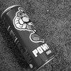 Black-and-white pixelated icon shows a cartoon character with a mustache holding a heart, with 'POM' text below on a dark cylindrical shape.