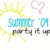 Yellow sun with radiating lines, pink heart outline, and text reading 'Summer '09' in cyan above 'party it up' in dark gray on white background.