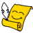 Static pixelated yellow icon resembling a smiling scroll or document with rolled edges and a small seal, attached to a gray chain on the left side against a white background.