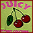 Pixelated cherry cluster with green leaves and pink 'JUICY' text on light green background, bordered by red frame.