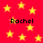Red background with yellow stars and four instances of the text 'Rachel' in black pixelated font.