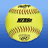 A yellow softball with red stitching and a black logo on its surface, set against a blue gradient background.
