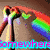 A four- of pixelated icons with text overlays: a rainbow, a rose, a star, and a heart, all with cyan and pink text