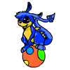Blue cartoon dragon with yellow underbelly sits on red ball with green and blue spots, head turning left to right across frames.