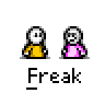 Animated contact sheet of 25 pixel art frames showing two stick figures interacting with changing poses, expressions, and effects like red splatters.