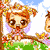 Pixelated cartoon character with orange hair and large brown eyes sits on a tree branch, transitioning from a neutral expression to a smiling pose with closed eyes.