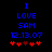 Blue pixelated text reads "I LOVE SAM 12.13.07" above red heart symbols on a black background, with one heart changing color between frames.
