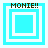 Four variations of a pixelated blue square icon with "MONIE!!" text at the top, each showing different nested white border configurations.