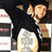 Pixelated image of a person with dark hair and beard wearing black clothing, positioned next to text elements on a split background.