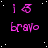 Pixelated pink text 'bravo' and a stylized symbol on black background with white dots, static image.