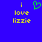 Blue background with yellow text 'i love lizzie' and a green pixelated heart symbol above the left 'i'.
