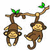 Pixelated cartoon of two brown monkeys hanging from a branch with green leaves, one monkey facing left and the other right on a white background.