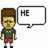 Pixelated character with brown hair, green shirt, red shorts, and black shoes stands with speech bubbles showing 'HE', 'HE HE', and 'HE HE COOL' text.