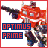 A pixelated animated contact sheet showing two frames of Optimus Prime from Transformers, with red and blue text labels on a white background.