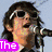 Four- of a person with long dark hair in various poses: singing into a microphone, adjusting hair, wearing white sunglasses, and looking forward, with colored text overlays