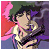 Pixelated anime-style character with dark hair and purple accents, embracing another figure against a gradient background of pink, green, blue, and purple hues.