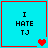 Four identical cyan squares with red borders each display "I HATE TJ" text and a single pixelated heart symbol in different positions.