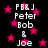 Black background with pink stars and repeated white text reading "PB&J Peter Bob & Joe" in a pattern
