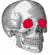 A silver skull with red eye sockets, viewed from the front-left angle in one frame and front-right angle in another.