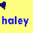 A 48x48 pixel animated contact sheet showing three frames of a buddy icon with yellow background, hearts, and text "haley" in different colors.