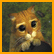 Pixelated orange cat with large black eyes and white muzzle against green background, framed by yellow border.