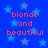Blue background with light blue stars, red text reading "blonde and beautiful" and smiley faces :), static image.