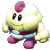 Pixelated character with yellow-green body, pink feet and head tuft, blue-and-red torso stripes, black eyes, and a slight smile on gray background.