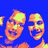 Two stylized cartoon faces with orange and yellow tones on a solid blue background, each featuring large eyes and simplified facial features.