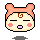 Pixel art character with peach hair, brown spiral mark on forehead, pink cheeks, and purple mouth in four expressions: closed eyes, wide eyes, surprised open mouth, and neutral.