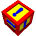 A red-bordered yellow cube with blue exclamation marks on each face, rotating in a of identical cubes against a gray background