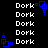 Pixelated white text 'Dork' repeated across black background with blue square-based symbols in corners and mid-edges.