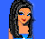 Pixelated character icon with long dark hair, blue dress with white stars, and patterned high-heeled shoes against a solid blue background.