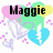 Pixelated icon with 'Maggie' text over pastel hearts and purple splatters, showing animation changes in heart positions.