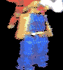Animated sequence of a cartoon character with red hair, blue overalls, and a tan shirt performing a walking motion against a black background.