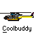 Pixel art helicopter icon with yellow rotor blade and blue cockpit details above the text 'Coolbuddy' on a gray background.