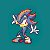 Pixel art character in multiple poses and color variations on teal background, including blue, pink, purple, red, and white forms with motion effects.